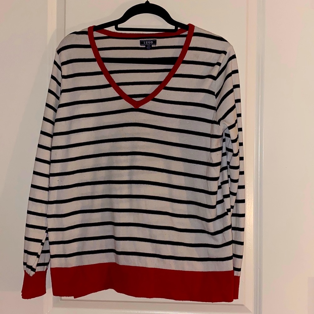 IZOD Black/ White/ Red Striped V-Neck Sweater, Gold Button Sleeve Detail, Large